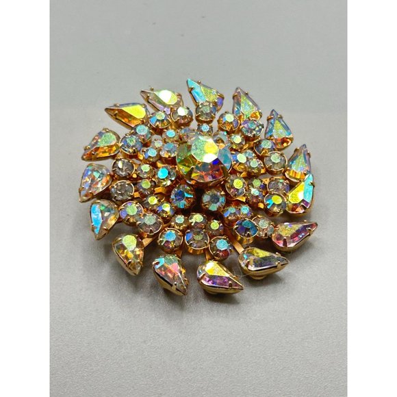 Kramer of NY Signed Vintage Pin Brooch AB Aurora Borealis Stones Layered Design - Picture 3 of 7